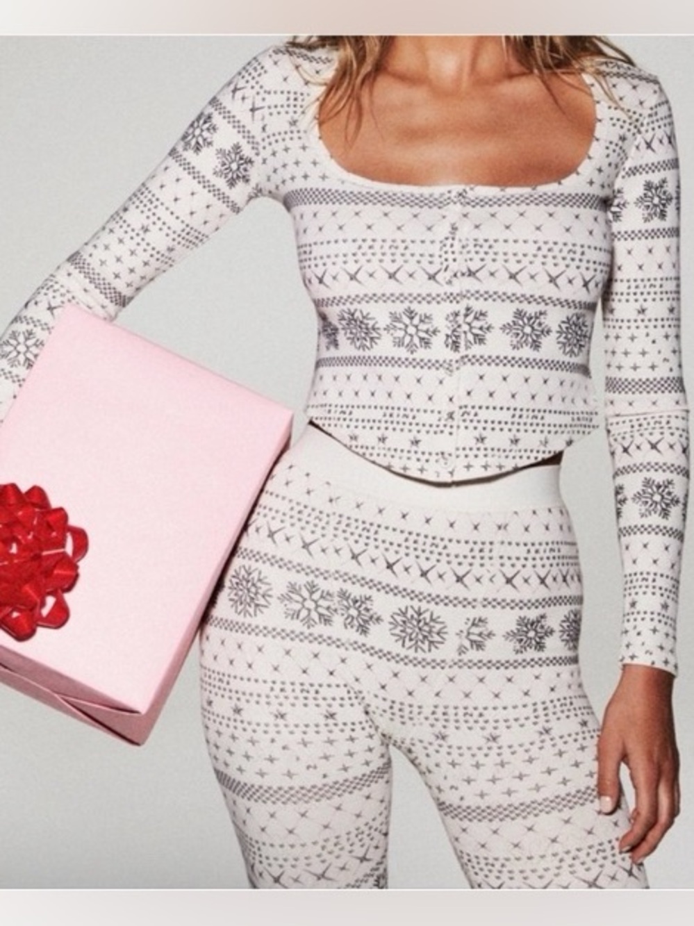 SKIMS Logo Plush Pointelle Henley Top - Fair Isle